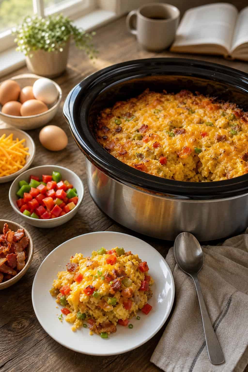 A crockpot filled with a soft golden hashbrown casserole on a wood table, with a plated serving beside it and scattered fresh ingredients in the background.