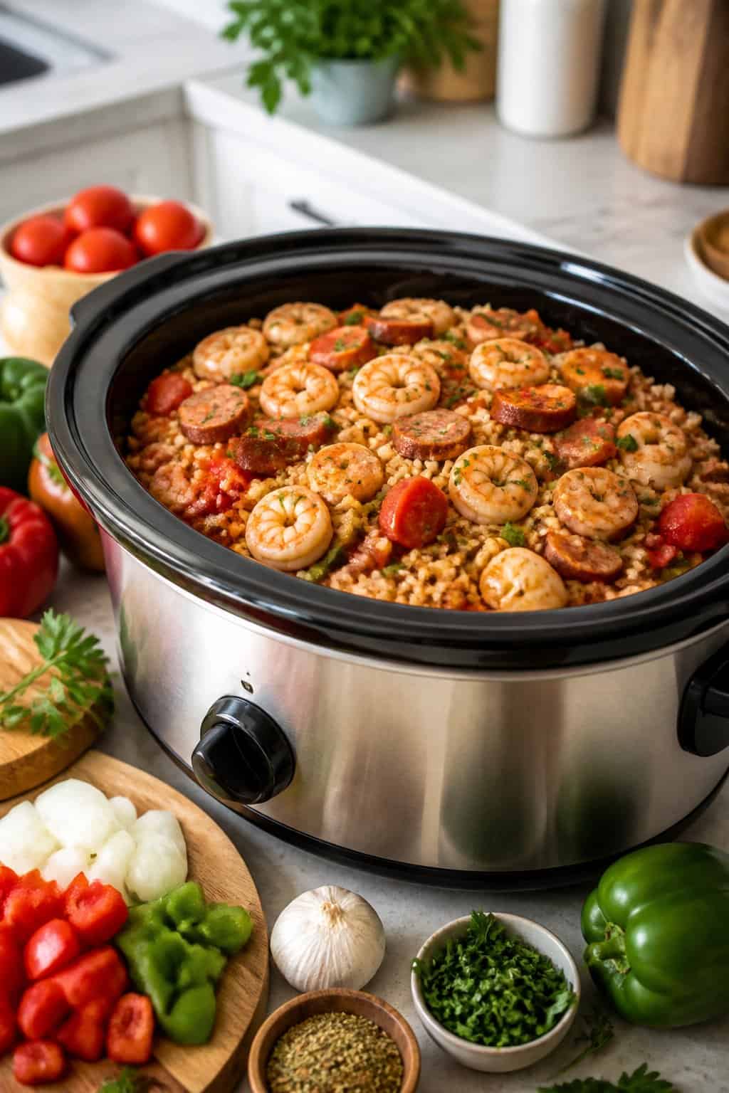 A slow cooker filled with jambalaya on a kitchen countertop surrounded by fresh ingredients like vegetables and herbs.