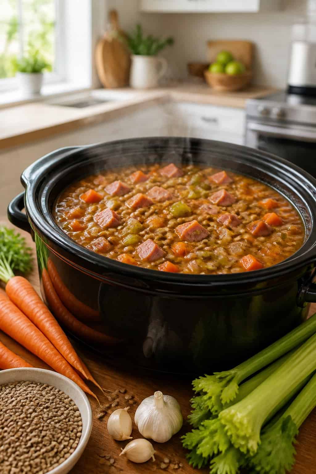 A crockpot filled with steaming lentil and ham soup on a kitchen countertop surrounded by fresh vegetables and ingredients.
