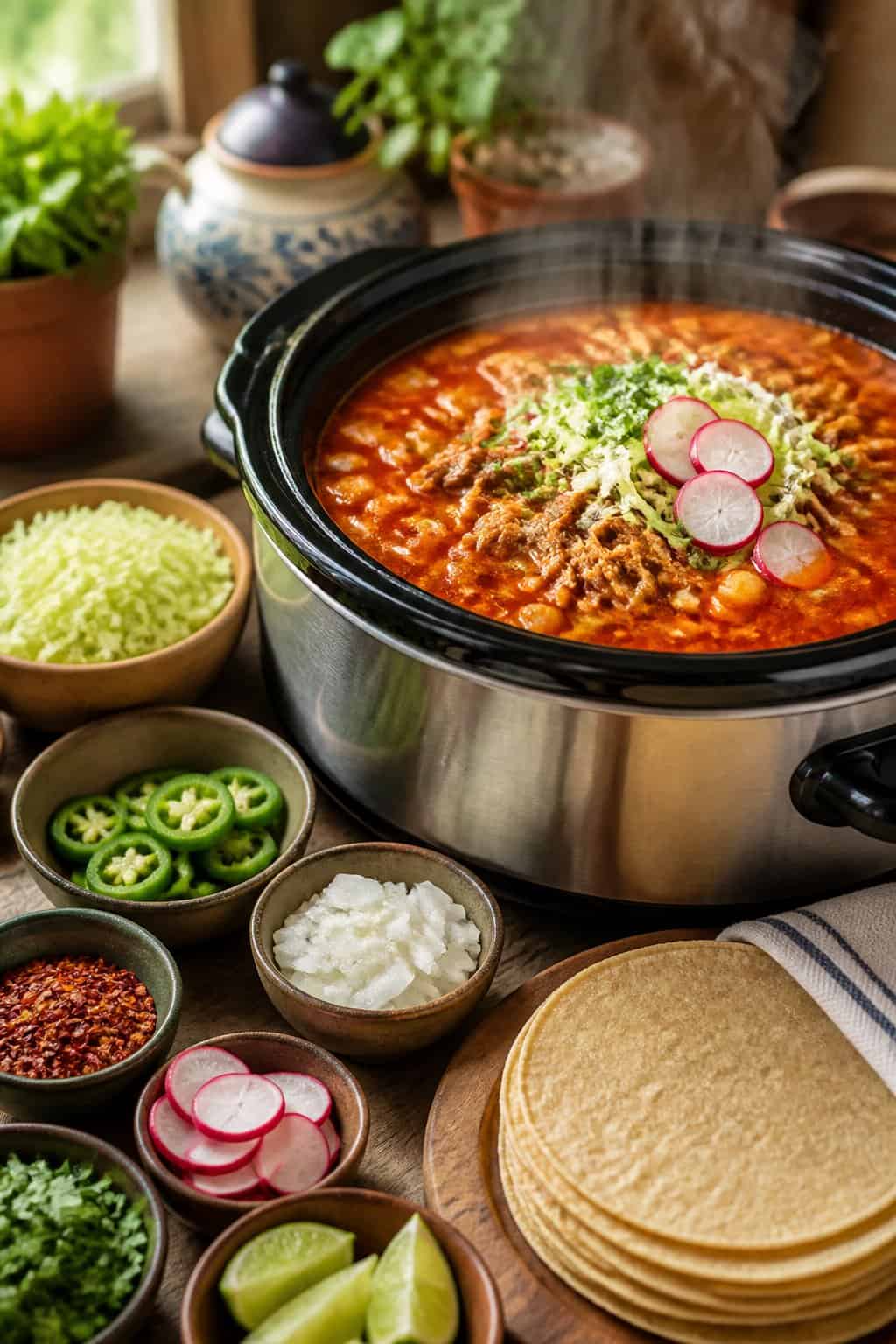 A crockpot filled with steaming pozole soup containing hominy and shredded pork, surrounded by bowls of toppings and corn tortillas on a wooden table.