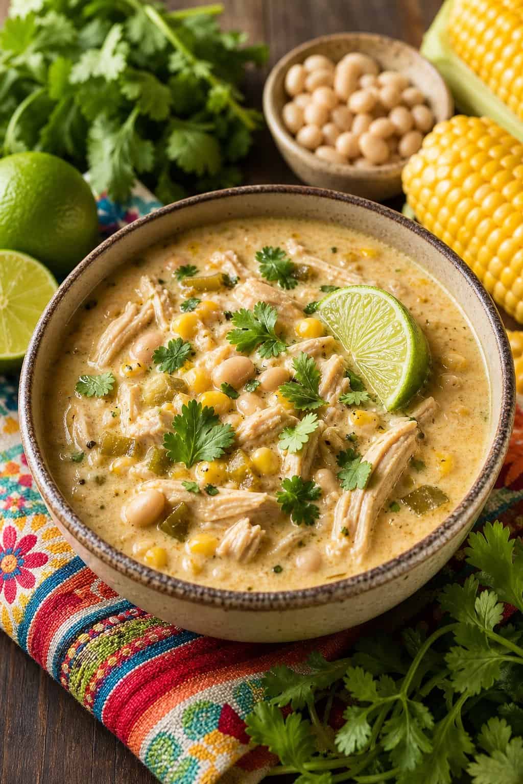 25 Crockpot Summer Recipes for Hungry Families 19 A bowl of white chicken enchilada soup garnished with cilantro and lime, surrounded by fresh ingredients on a wooden table.