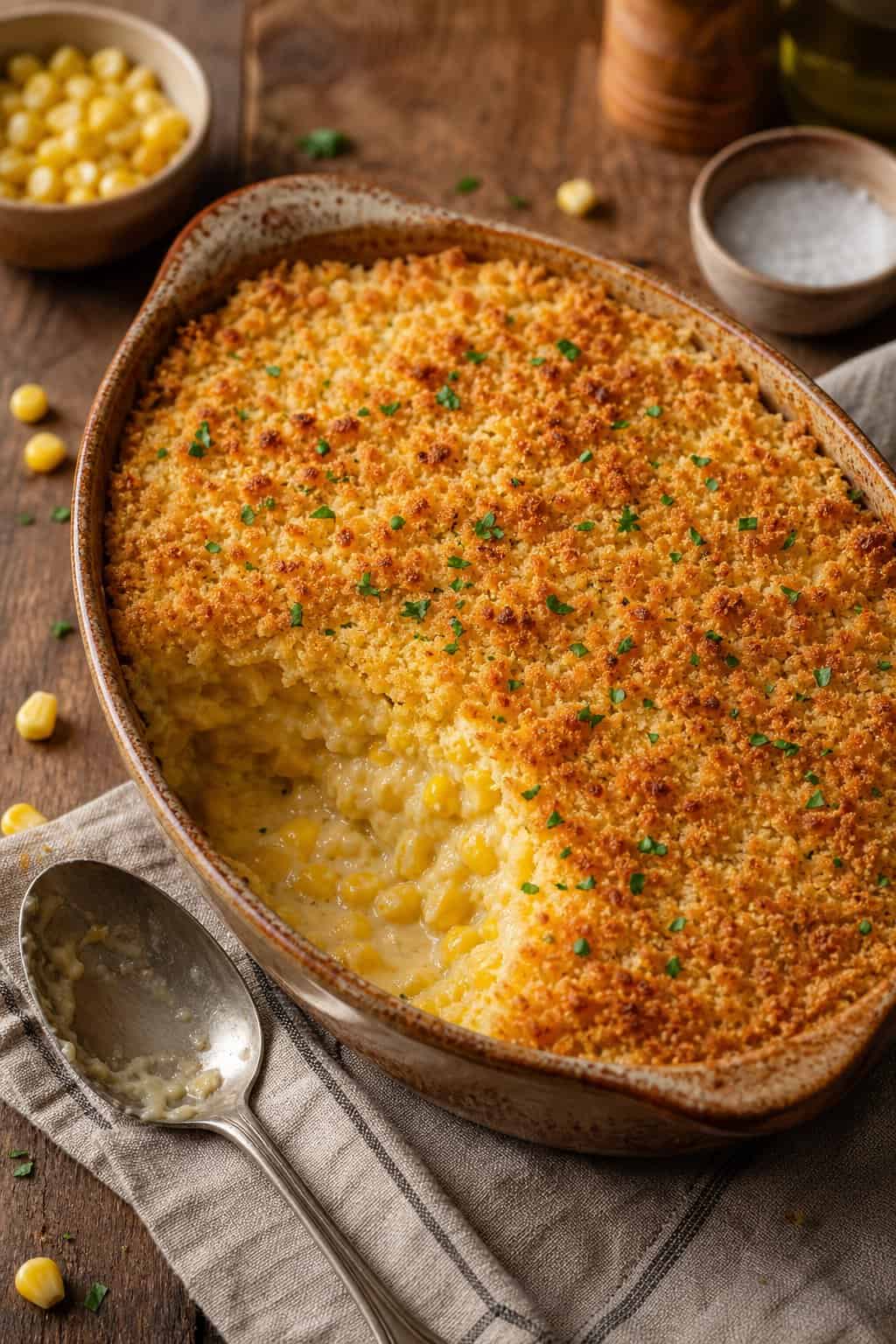 A corn casserole with a deeply golden, rough-textured panko breadcrumb topping in a white ceramic dish on a wooden table, with a large serving spoon resting on the side.