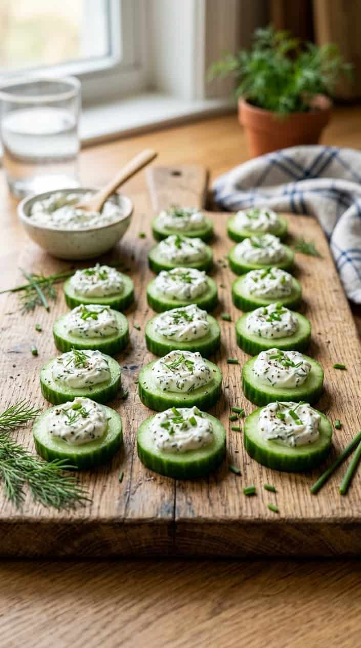 Close-up of cucumber slices topped with herbed cream cheese arranged on a wooden board.