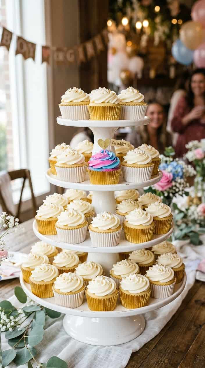 A tower of cupcakes with one cupcake decorated with pink and blue frosting among white frosted cupcakes on a white cake stand.