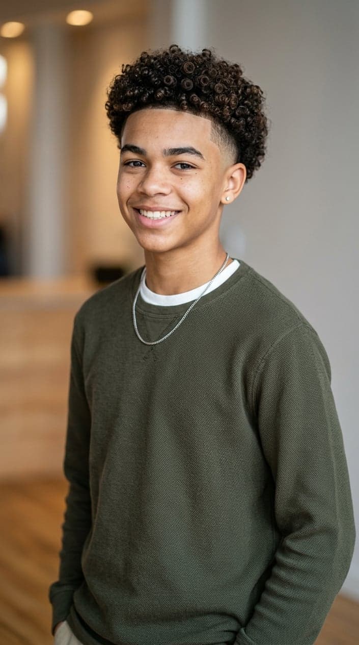 A teenage boy smiling and showing his curly taper fade haircut against a neutral background.