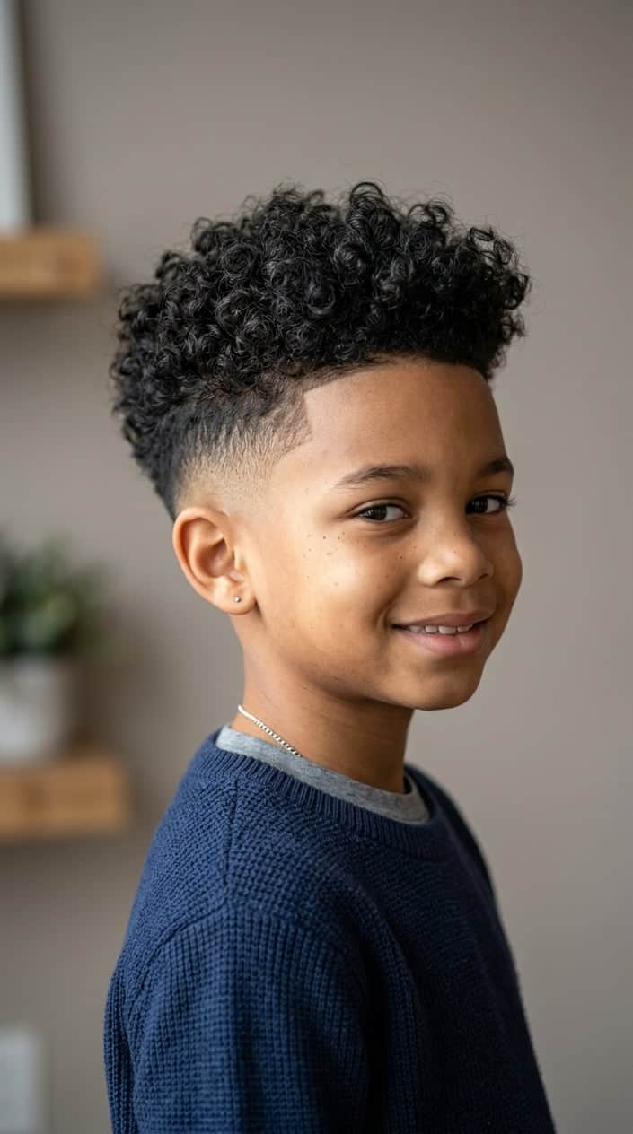 A young boy with curly hair on top and short sides looking slightly to the side with a friendly expression.