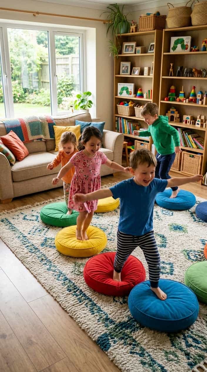 Children jumping on colorful cushions arranged in a leapfrog course in a living room.