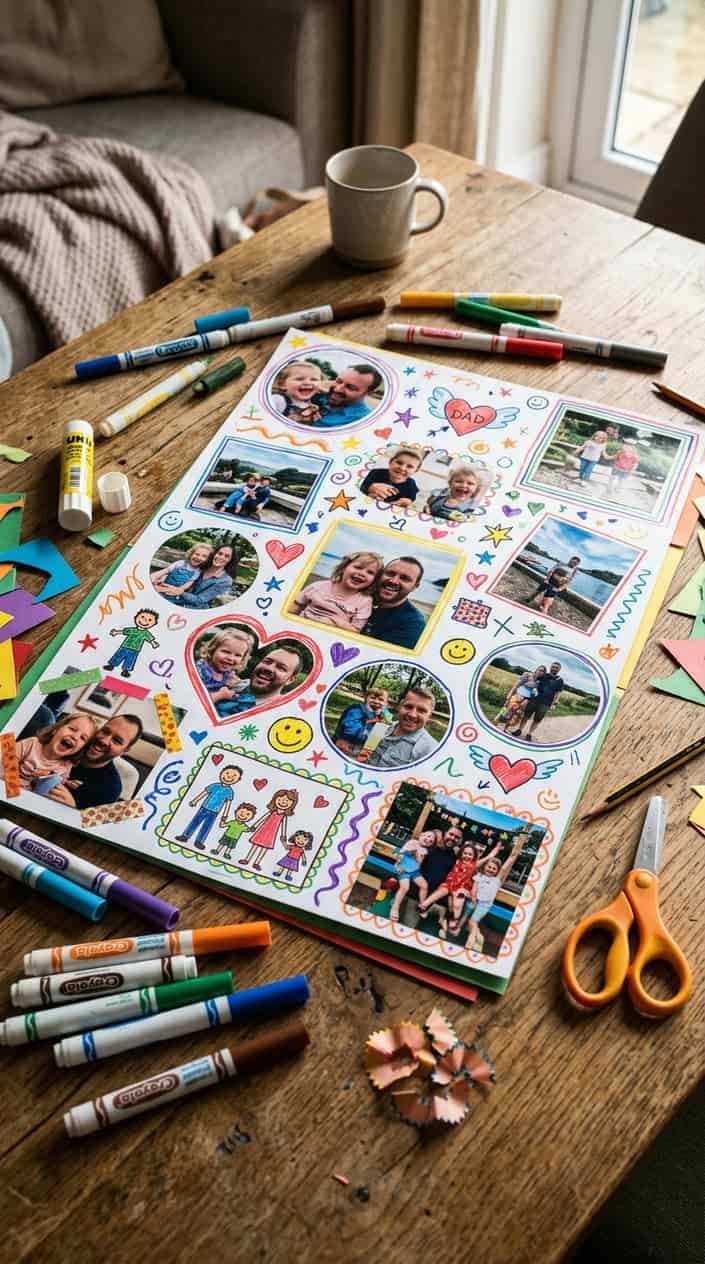 21 Father's Day Gift Ideas From Kids Who Don't Have a Lot of Money (or Much Notice) 9 A handmade photo collage on a poster board surrounded by art supplies on a wooden table.