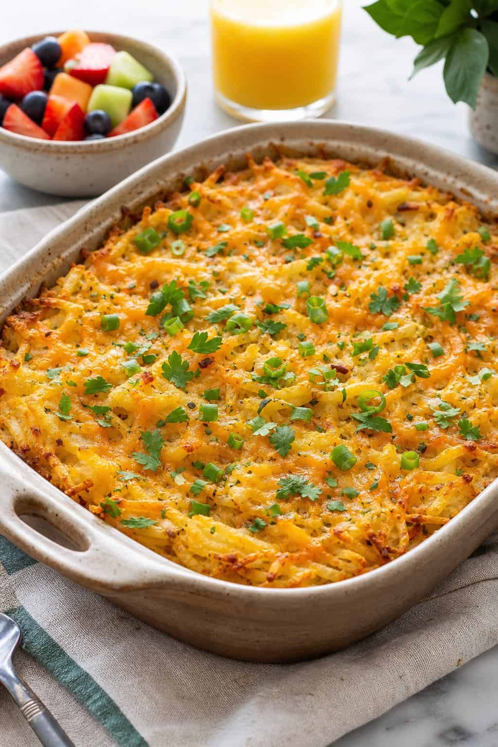 18 Breakfast Casserole with Hashbrowns for Busy School Days 16 A baked hashbrown casserole with a lightly browned top and visible herb flecks, made with vegan cheese, in a rectangular baking dish on a kitchen table with a bowl of fruit and a glass of juice nearby.