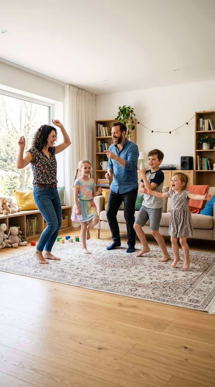 A family playing a dance party freeze game together in a bright living room, with children and adults frozen in dance poses and smiling.