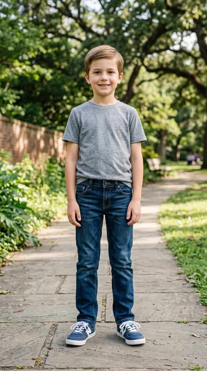 A young boy standing outdoors wearing dark wash straight-leg jeans and a plain t-shirt.