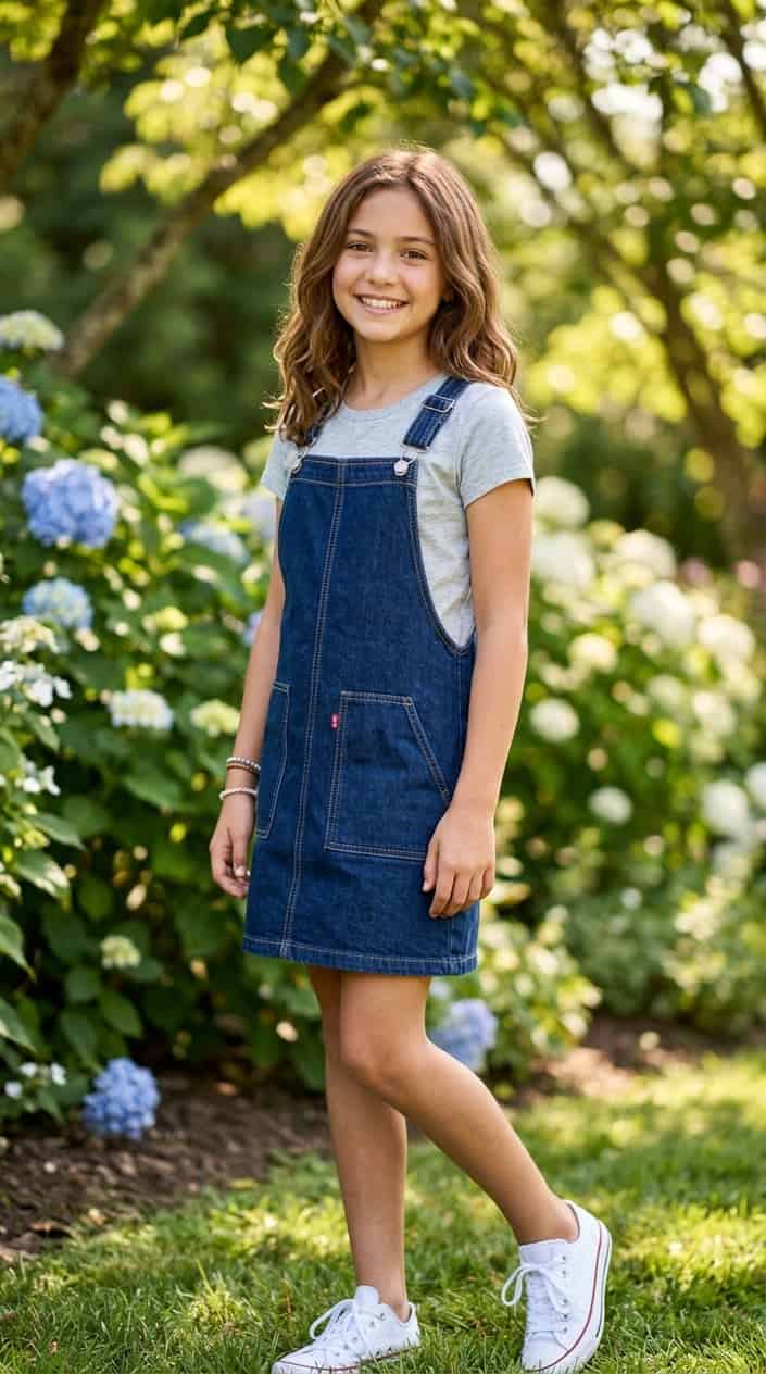 Modest Summer Dresses for Tweens 16 A young girl outdoors wearing a denim pinafore dress layered over a short-sleeve tee, smiling and standing in a green, sunlit area.