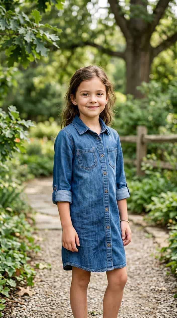 Boutique-Style Dresses for Little Girls on a Budget 17 A young girl standing outdoors wearing a denim shirt dress with rolled cuffs, smiling gently.