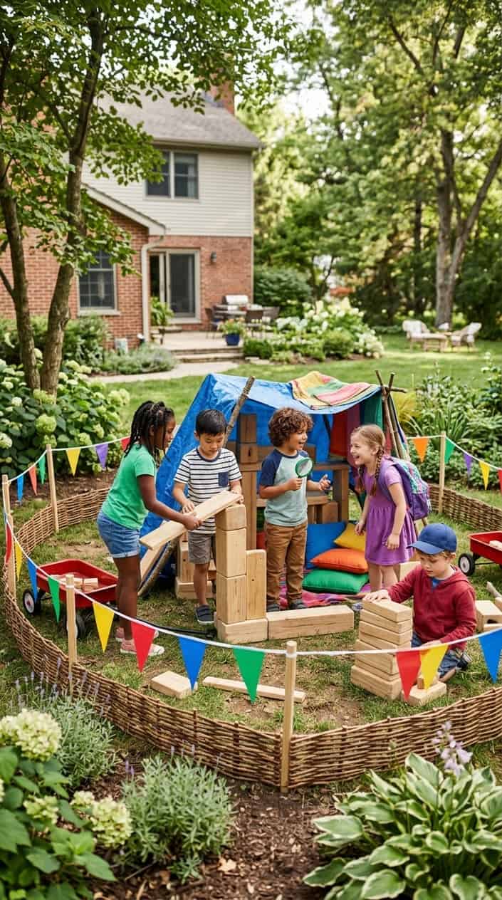 Children playing together independently in a marked backyard area without adults nearby.