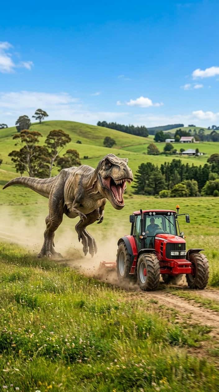 A Tyrannosaurus rex chasing a red tractor across a green field with hills and trees in the background.