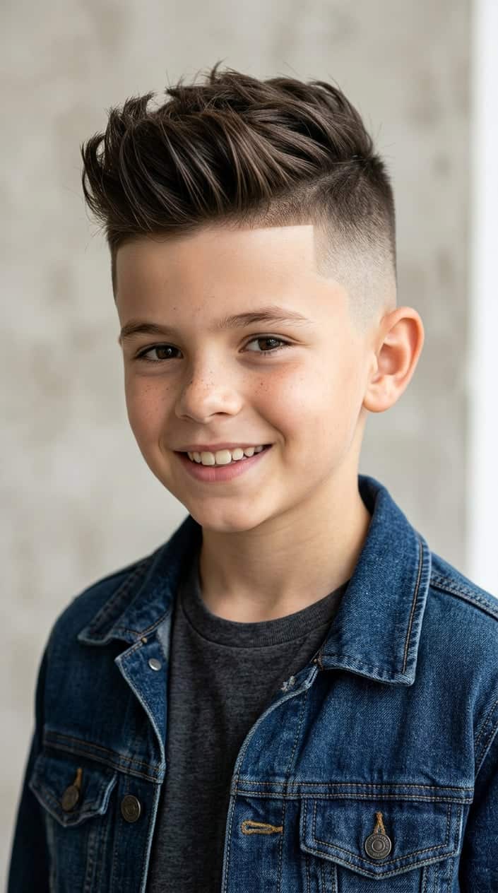A young boy smiling, showing a short haircut with shaved sides and longer hair on top.