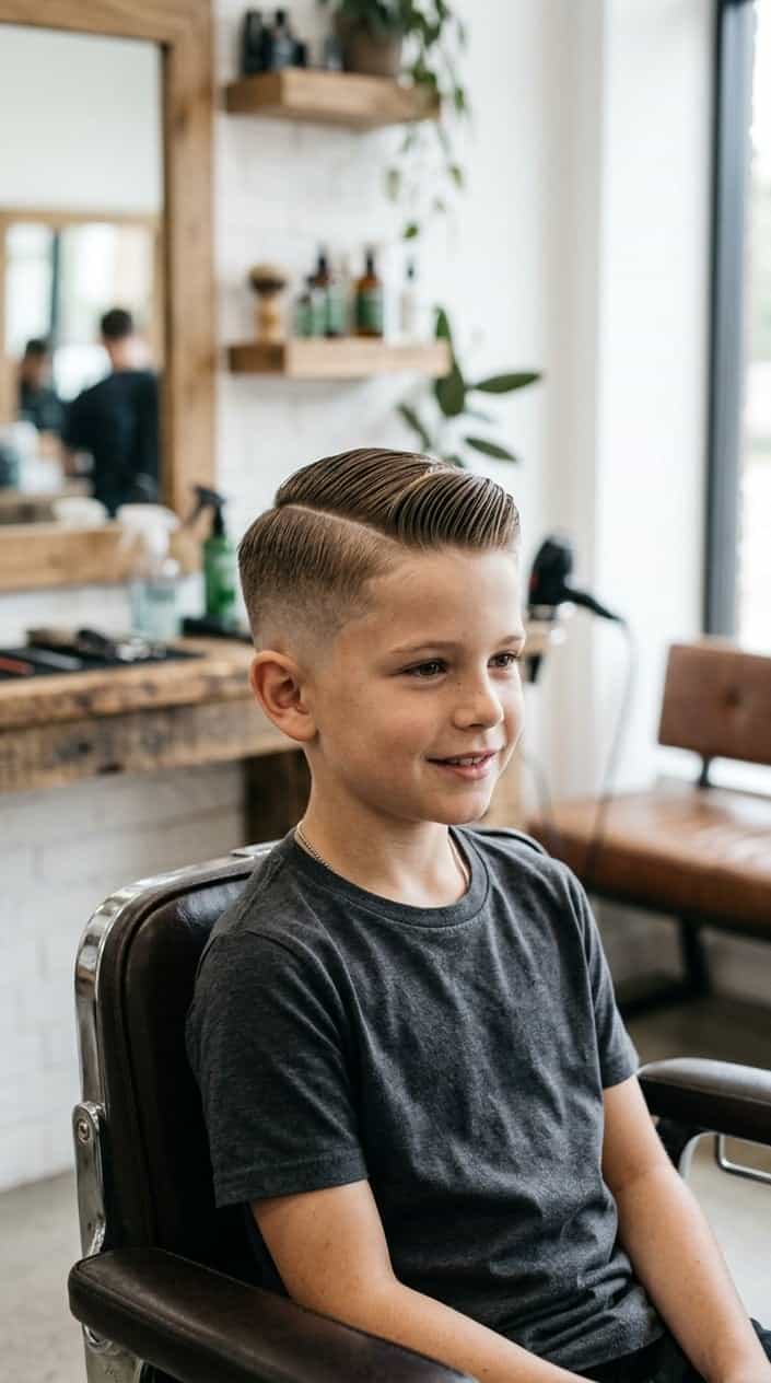 A young boy with a short haircut combed to the side, sitting in a barbershop.