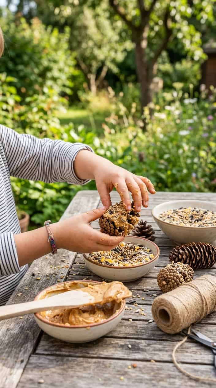 25 Kid Games for When 'I'm Bored' Has Been Said Three Times Before 10 AM 9 Child's hands making a bird feeder by coating pinecones with peanut butter and birdseed outdoors on a wooden table.