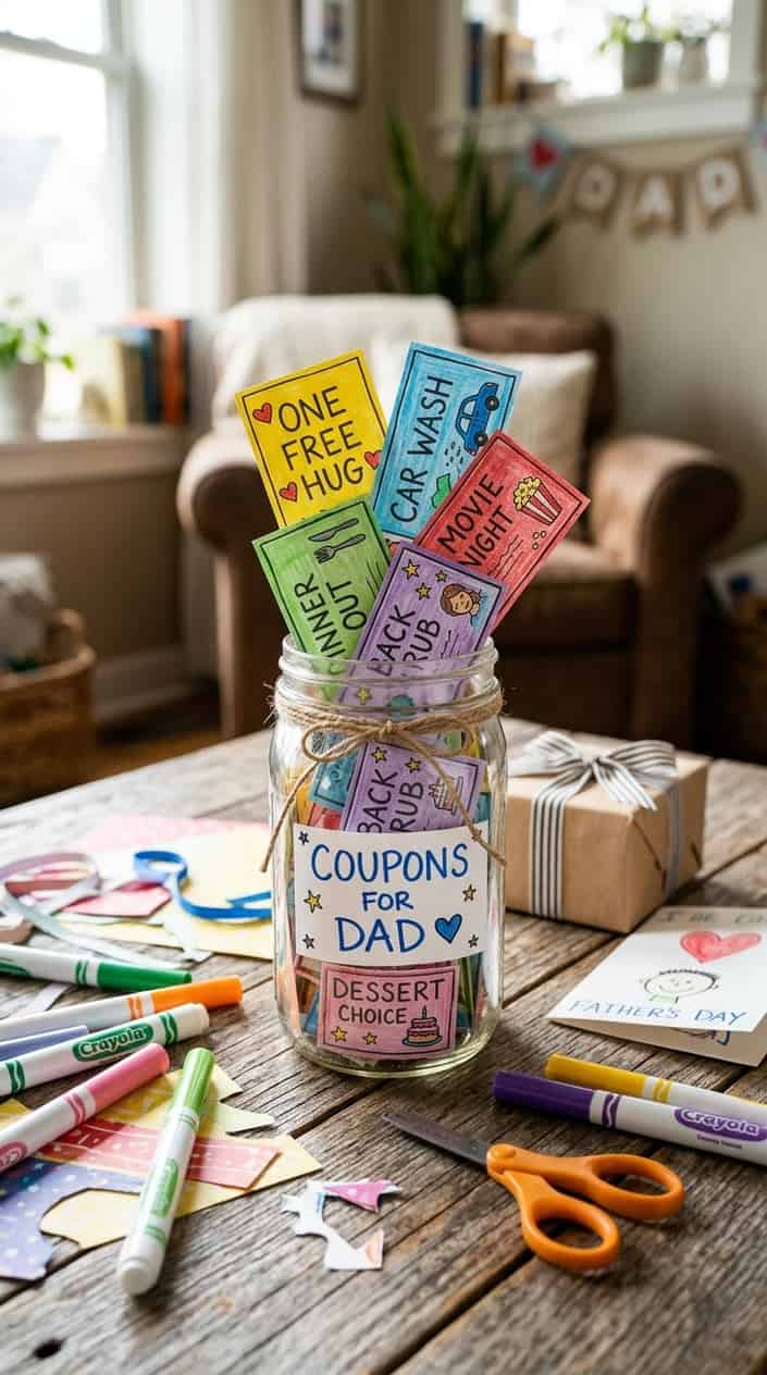 21 Father's Day Gift Ideas From Kids Who Don't Have a Lot of Money (or Much Notice) 4 A DIY coupon jar filled with colorful handmade coupons on a wooden table surrounded by craft supplies in a cozy home setting.