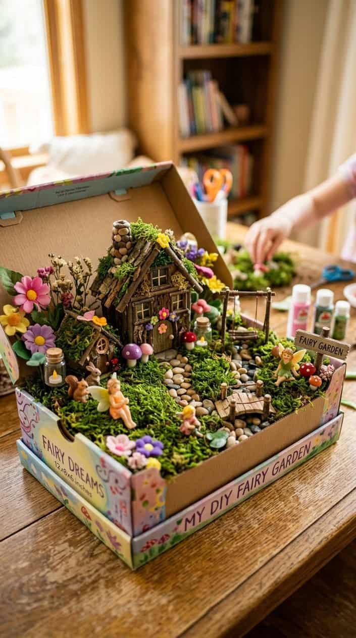A shoebox decorated as a miniature fairy garden with tiny houses, figurines, flowers, and moss inside.