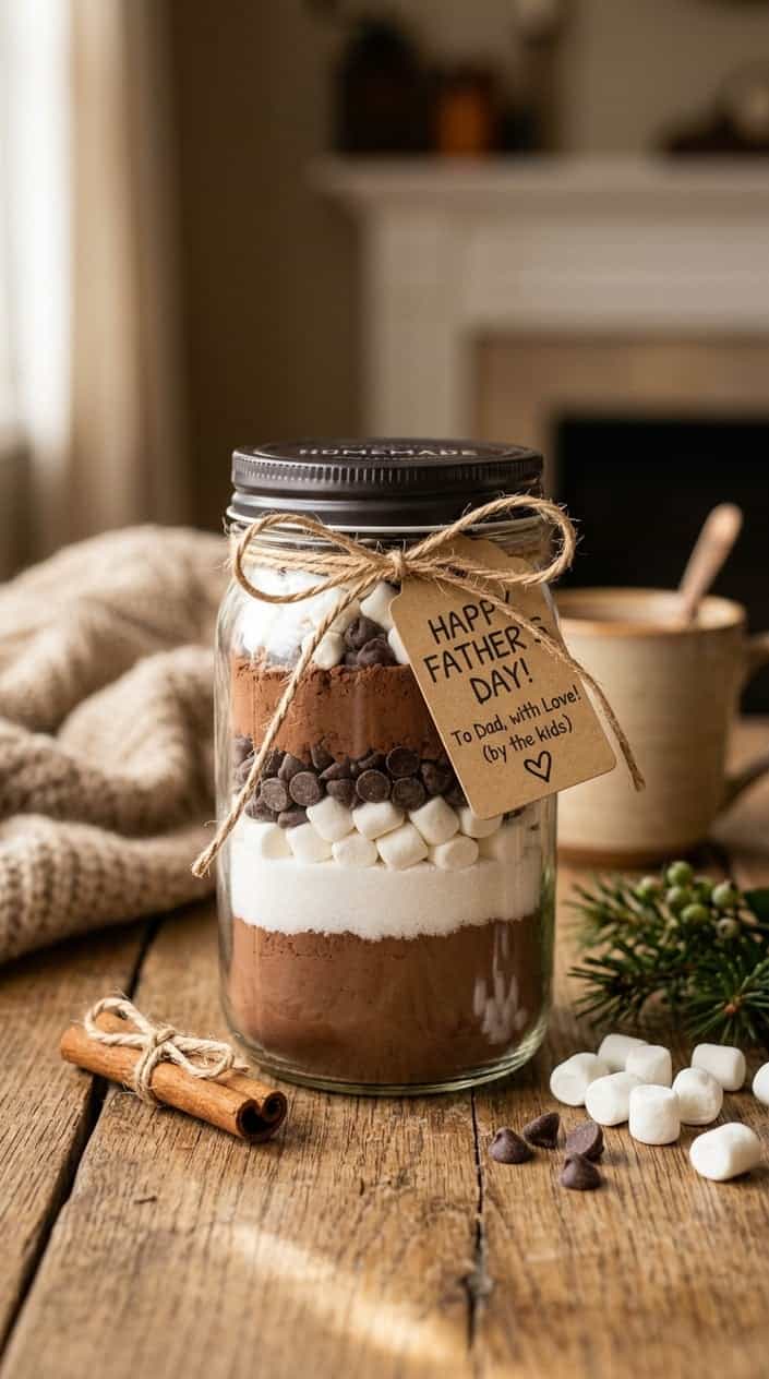A mason jar filled with layered hot chocolate mix ingredients tied with twine, sitting on a wooden table with cozy items around it.