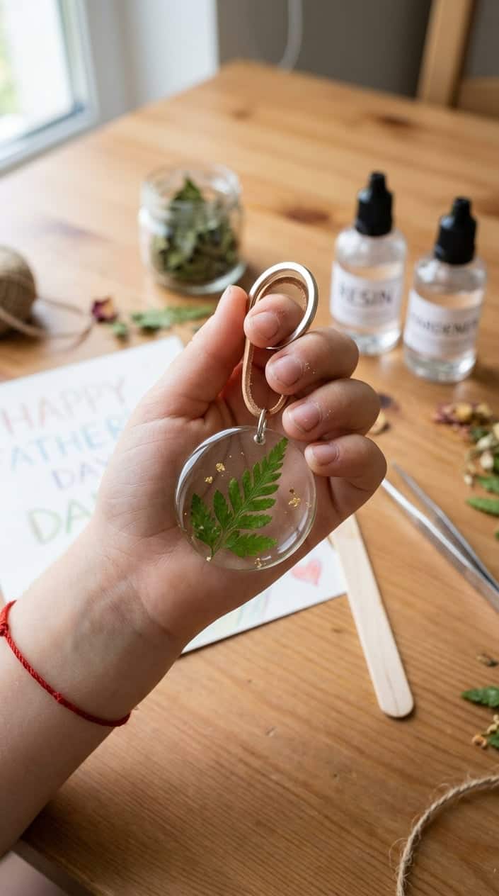 A child's hand holding a DIY keychain with a pressed leaf in clear resin, with crafting materials in the background.
