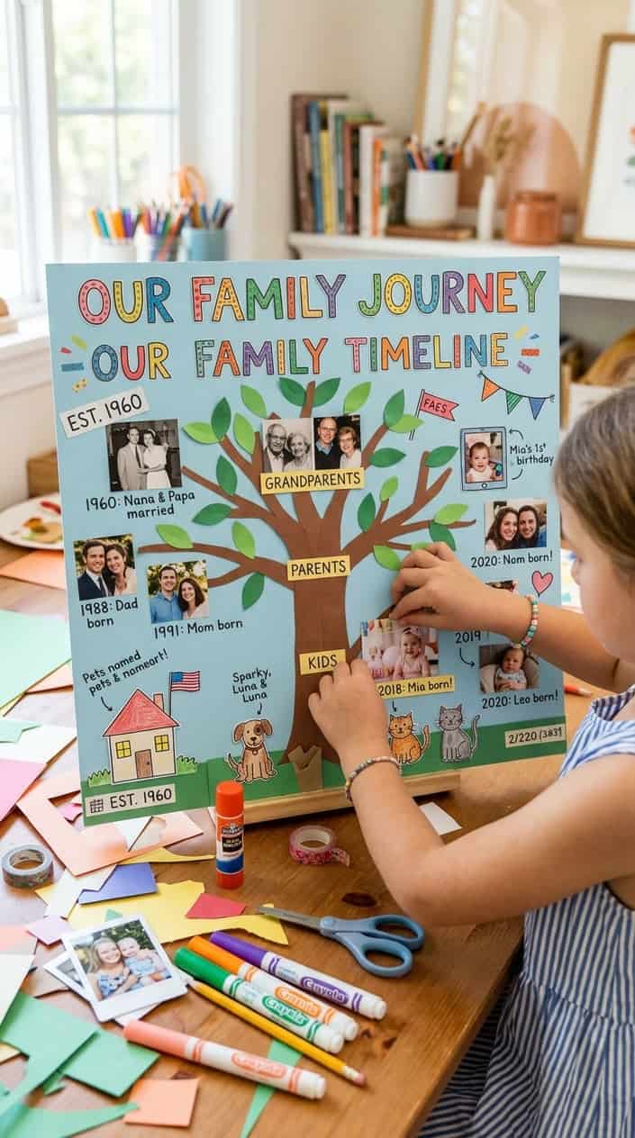 A child assembling a colorful layered paper family timeline poster on a bright workspace surrounded by markers and craft supplies.
