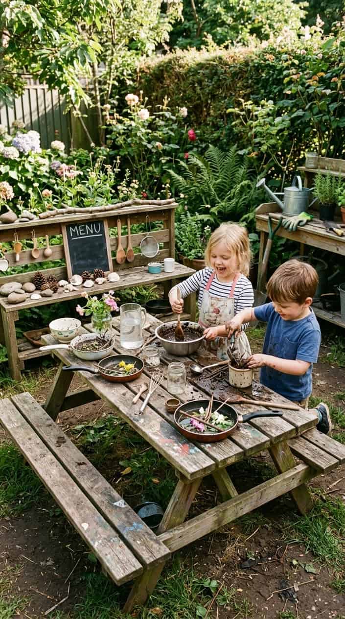 12 Mud Kitchen Setups for Kids (Using Mostly Stuff You Already Have Outside) 2 A DIY mud kitchen made from an old picnic table outdoors with children playing and mixing mud using bowls and wooden utensils.