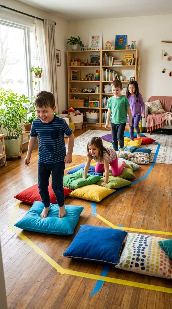 Children playing on a homemade indoor obstacle course made of pillows and tape on the floor.