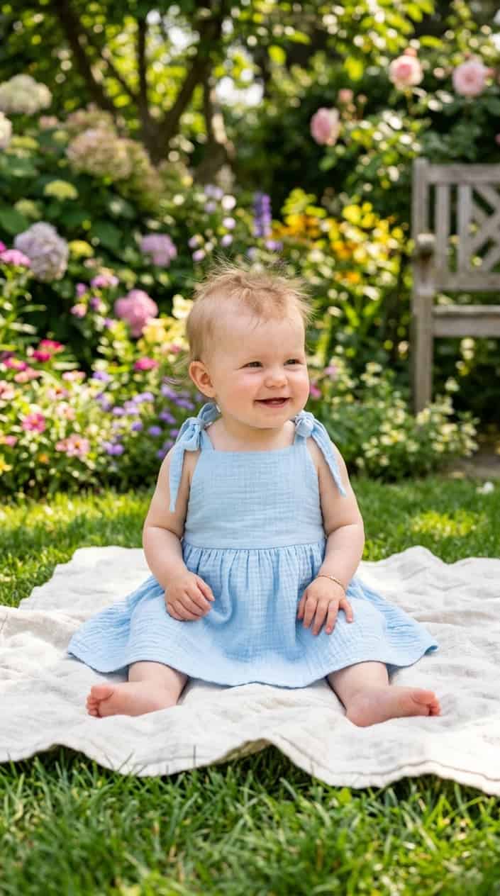 17 Baby Dress Designs for Summer That Are Actually Soft Enough to Wear 16 A baby sitting outdoors on a blanket wearing a light halter dress with adjustable shoulder ties, surrounded by green grass and flowers.