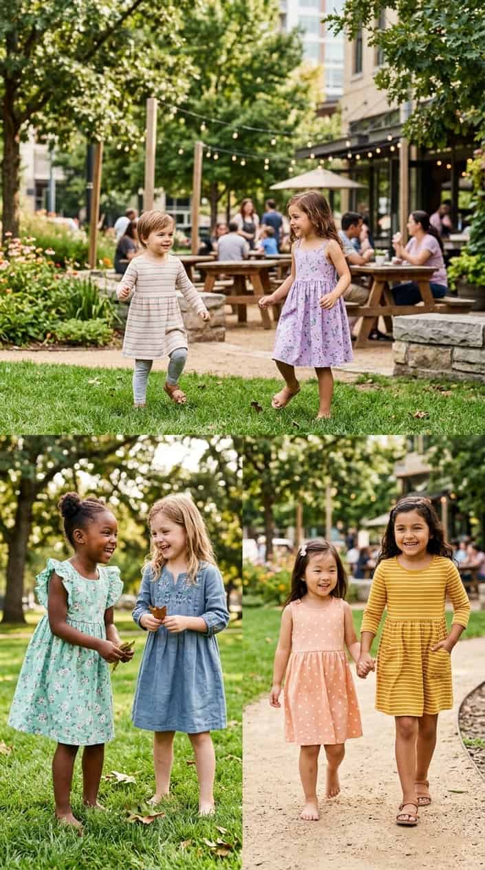 Comfortable Children's Dresses That Still Look Nice 25 Several young children wearing comfortable, colorful dresses playing and interacting outdoors in a park and casual settings.