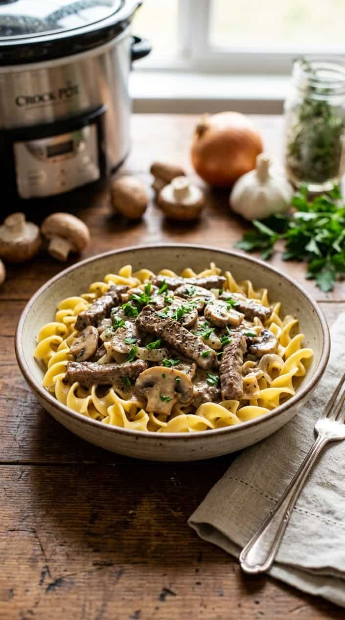 A bowl of creamy beef stroganoff with mushrooms and parsley served over egg noodles on a wooden table.
