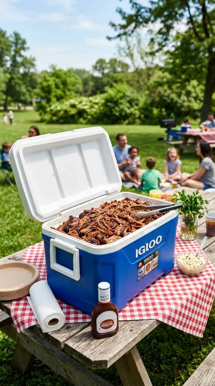An open cooler filled with shredded pulled pork outdoors on a sunny day with picnic items nearby.