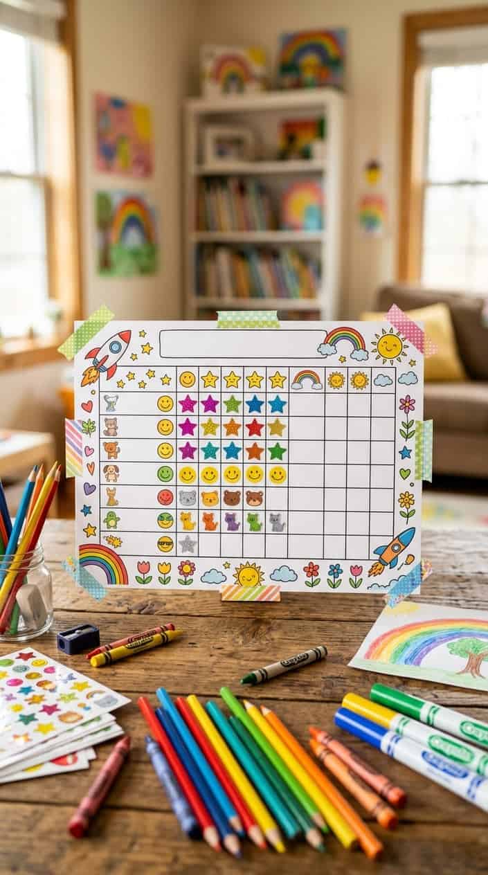 A colorful reward chart on a desk surrounded by colored pencils and crayons.