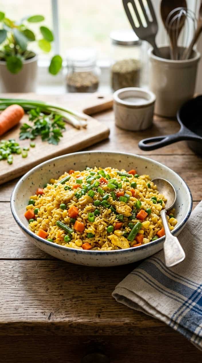 A ceramic bowl of golden egg fried rice with visible flecks of scrambled egg, diced green vegetable, and shredded carrot, garnished with sliced green onion, photographed on a dark wood table.