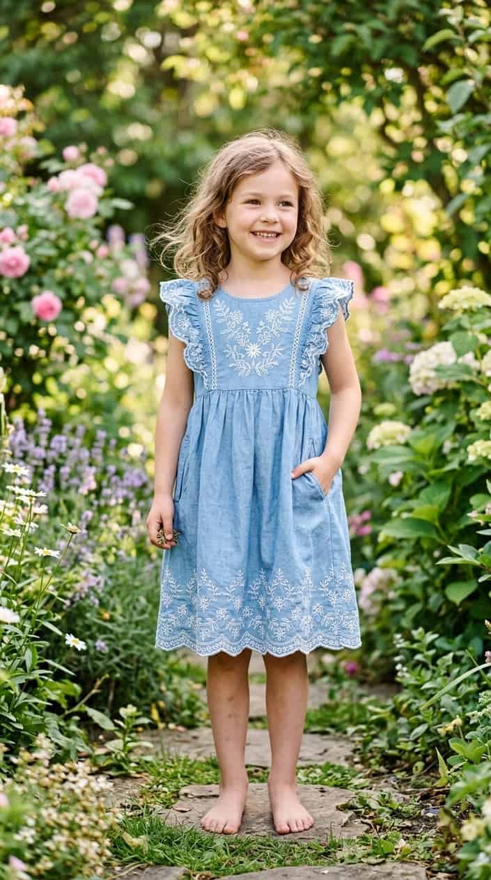 Boutique-Style Dresses for Little Girls on a Budget 4 A young girl standing outdoors wearing a light blue embroidered dress with pockets, smiling in a garden setting.