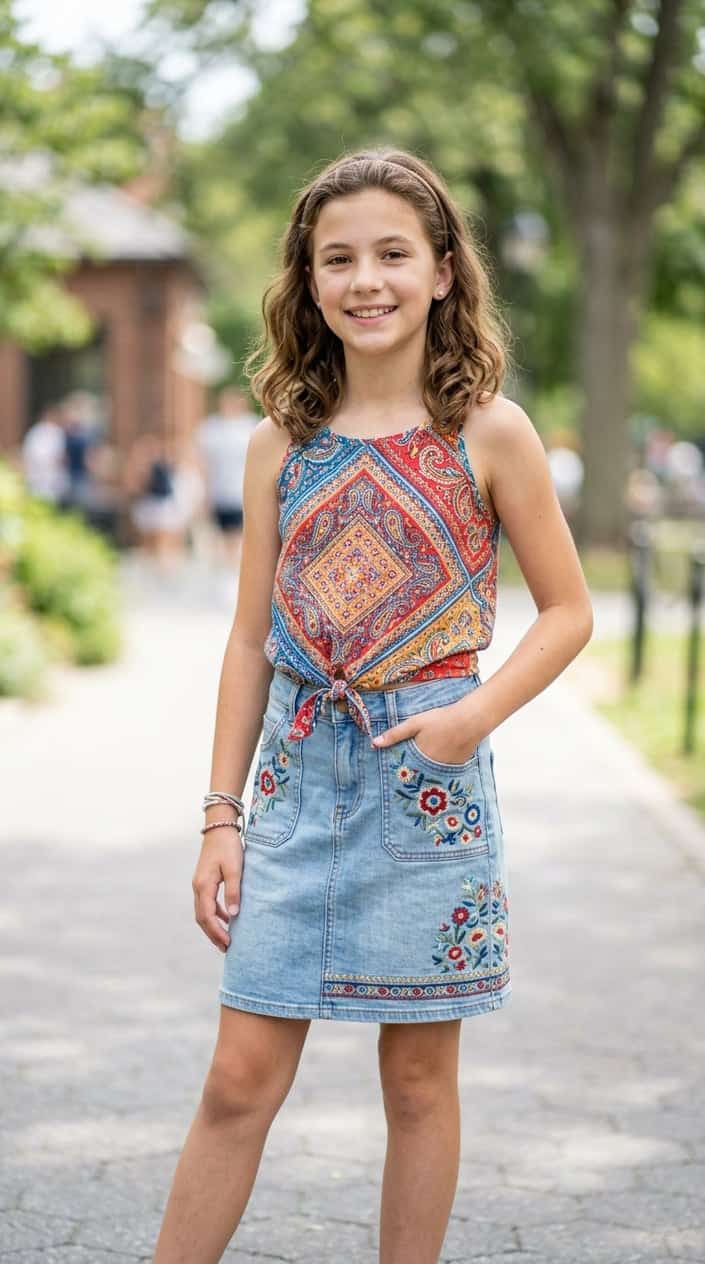 A tween girl standing outdoors wearing an embroidered denim skirt and a colorful bandana top, smiling with a blurred natural background.