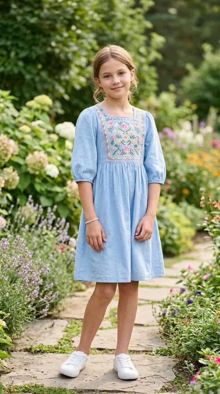 Modest Summer Dresses for Tweens 8 A young girl wearing an embroidered dress with elbow-length sleeves stands outdoors in a sunny garden.