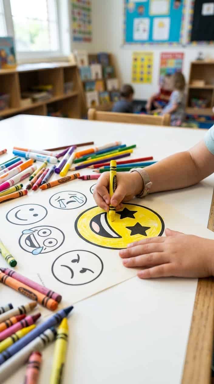 A child's hands coloring large emoji faces with crayons on a table surrounded by coloring supplies.