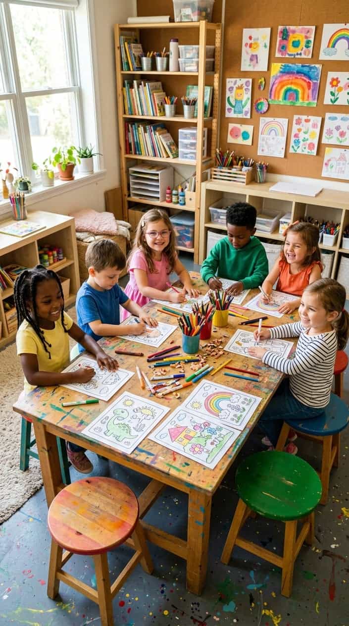 Young children happily coloring and drawing together around a table filled with art supplies and printable coloring pages in a bright, creative room.