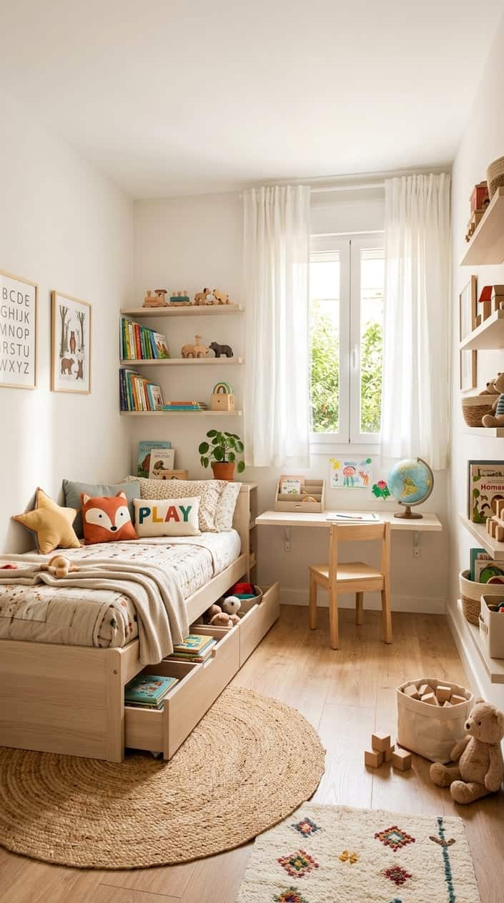 Bright, tidy children's bedroom with white walls, a low bed, minimal furniture, and a small basket of toys visible in the corner, with open floor space in the center.