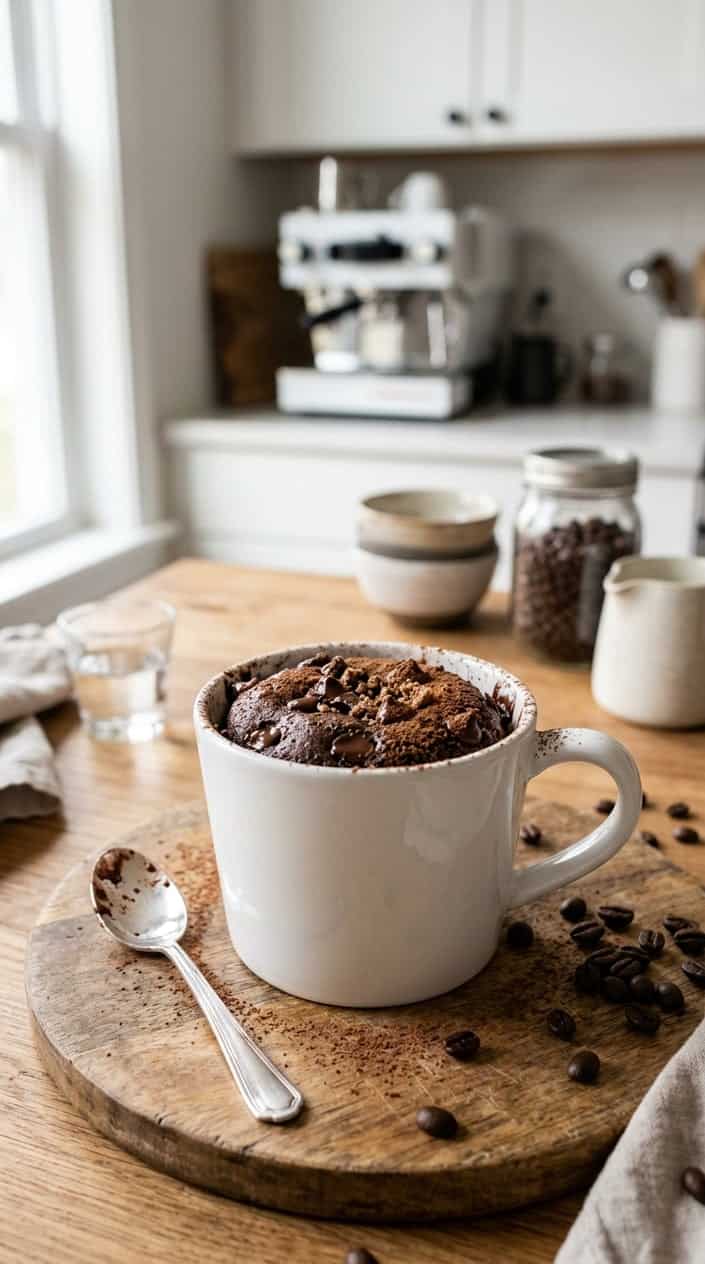 A white ceramic mug containing a dark chocolate mug cake with visible mini chocolate chips at the surface, set on a light wood countertop with whole coffee beans scattered beside it and a silver spoon resting against the mug.