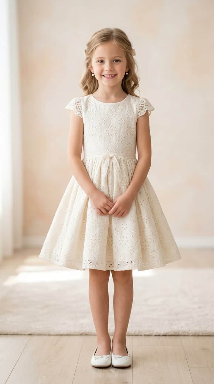 A young girl standing in a light studio wearing a lace dress with a flared skirt.