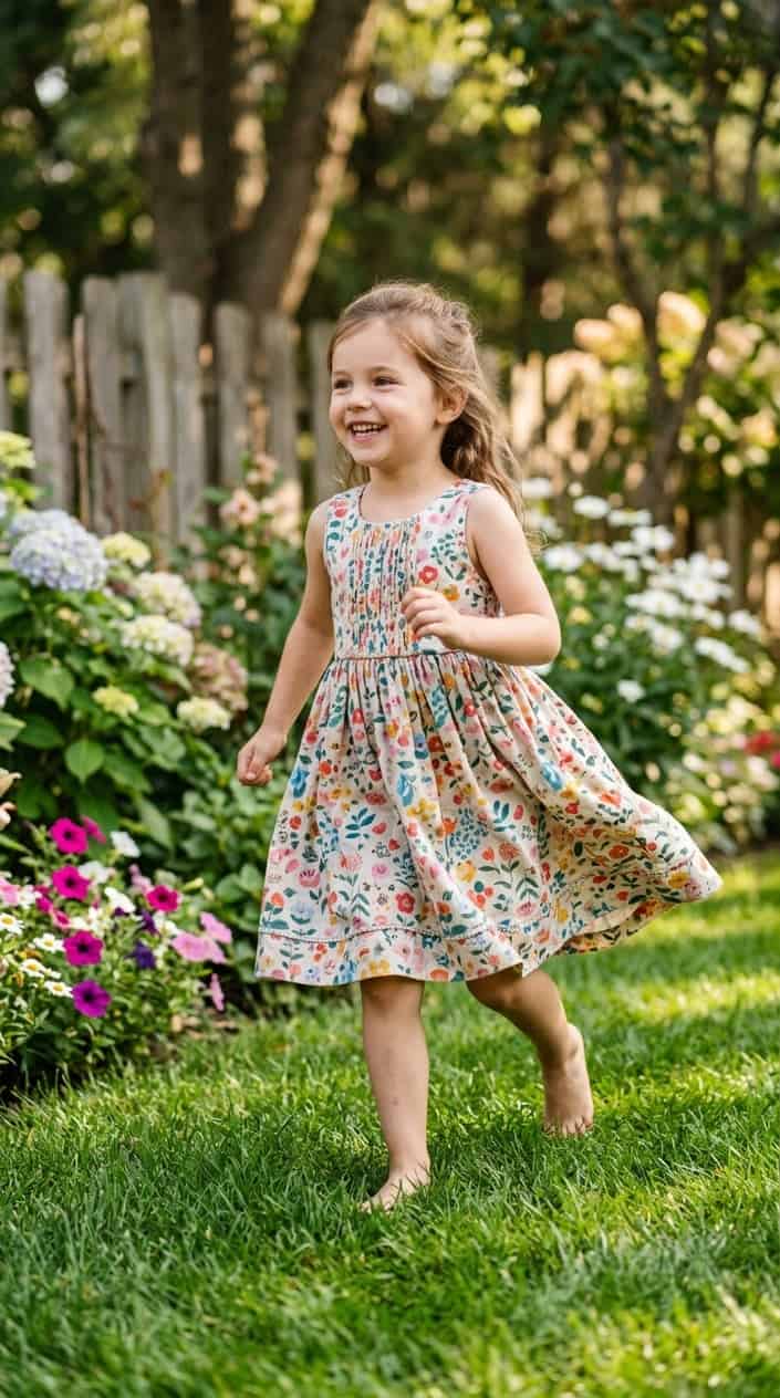 Boutique-Style Dresses for Little Girls on a Budget 20 A young girl wearing a colorful dress playing outside in a sunny garden, smiling happily.
