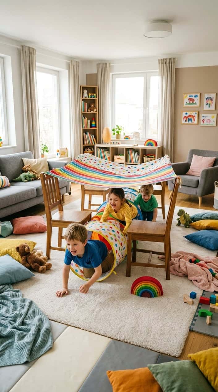 Children crawling through a fabric tunnel made from sheets draped over chairs in a bright living room.
