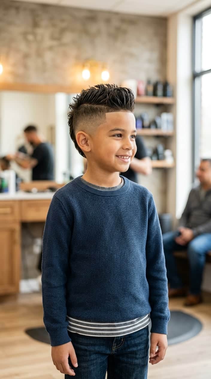 A young boy with a fade haircut and faux hawk strip smiling indoors.