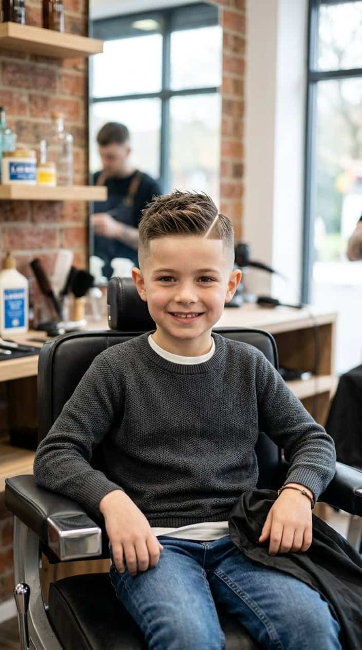 A young boy with a short haircut featuring a fade and a sharp part line, sitting and smiling in a bright barbershop.