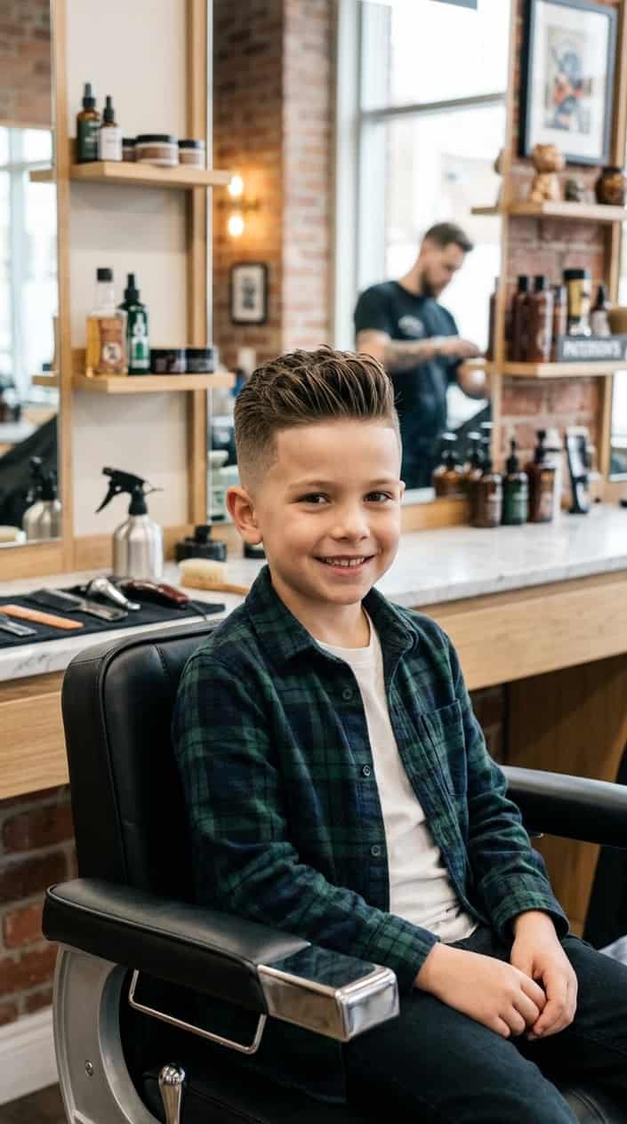 A young boy sitting in a barbershop chair, smiling with a short styled haircut.
