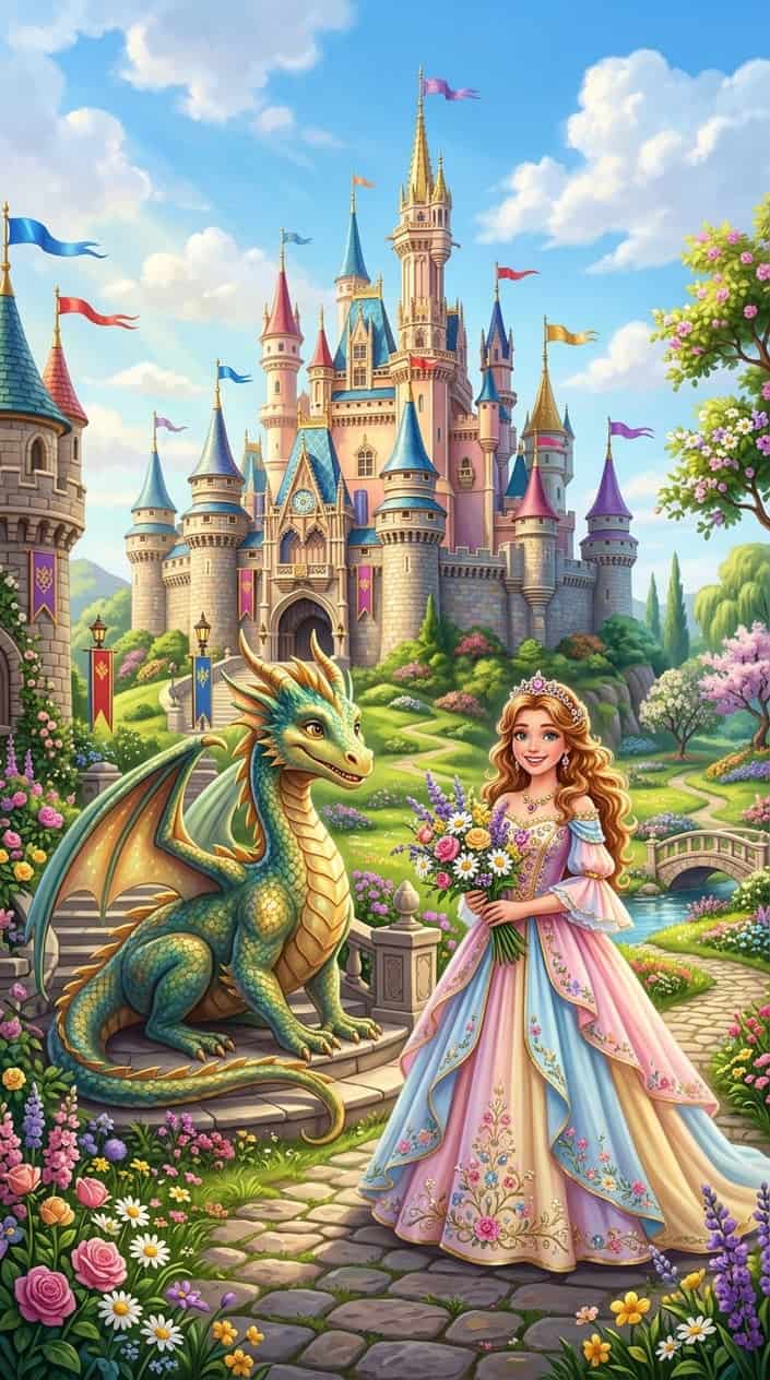 24 Free Printable Coloring Pages That Actually Hold a Kid's Attention 7 A colorful fairy tale castle with a friendly dragon and a princess standing nearby in a bright outdoor setting.