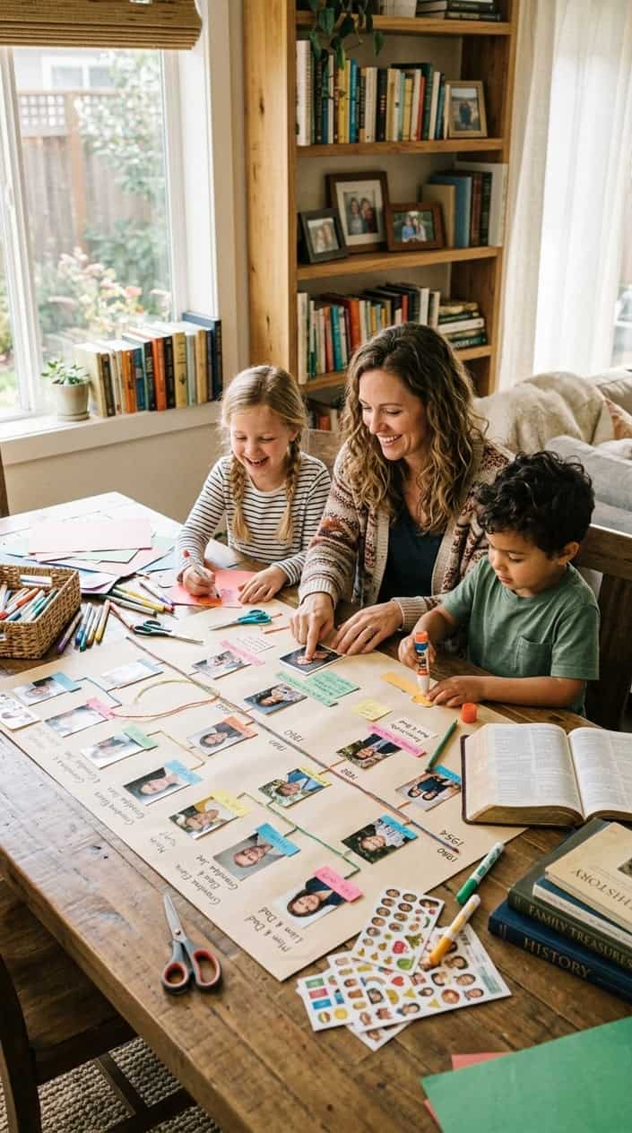 Children and an adult working together on a handwritten family tree timeline craft project at a table filled with art supplies, index cards, and photos in a cozy home setting.